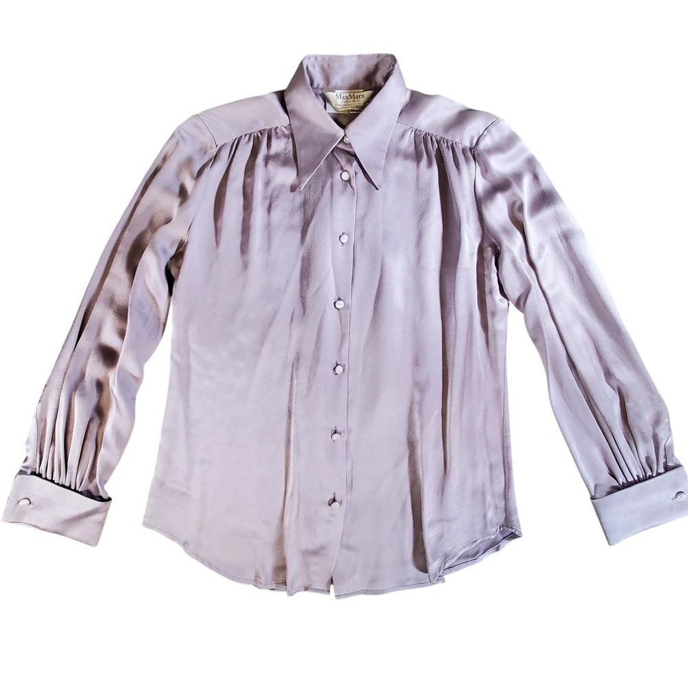 Vintage Max Mara 100% Silk Dagger Collar Blouse in Stone Gray Size 6